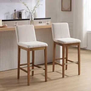 Wood Bar Stools Set of 2, Mid-Century Modern 30" Bar Height Stool with Back & Footrest Comfy Linen Fabric Barstool Upholstered Chairs for Home Bar/Kitchen Island/Restaurant, Beige