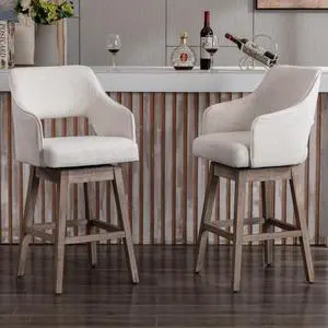 27-in Counter Height Swivel Barstools Set of 2, Linen Fabric 5-Inch Upholstered Bar Chair with High Back and Solid Wood Bar Stools for Kitchen Island, Linen Beige