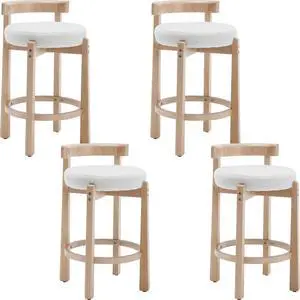 Mid-Century Bar Stools Set of 4, 26.5 Inch Sherpa Counter Height Upholstered Barstools Bar Chairs with Solid Wooden Legs for Kitchen Island Dining Room, White