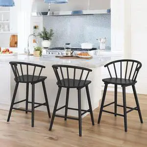 LUE BONA Wood Bar Stools with Semicircular Backrest, Black Farmhouse Barstools Set of 3, Modern Counter Height Bar Stools for Kitchen Island, 24 Inch