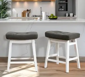 Counter Height Bar Stools Set of 2 for Kitchen Counter Farmhouse Modern Barstools with Faux Leather Upholstered Backless Seat and Solid Wood Legs 24 inch Bar Chairs, Grey + White