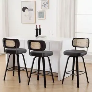Swivel Bar Height Stools Set of 3, Upholstered Faux Leather Barstools with Rattan Back, 29" Seat Height Tall Bar Stools for Kitchen Counter, Black Wood Frame, Black