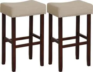 ERGOMASTER Bar Stools for Kitchen Island Set of 2 Bar Height 29 Inch Backless Barstools Modern Fabric Saddle Stools, Khaki/Brown