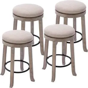 Farmhouse Linen Round Bar Stools Set of 4, 360° Swivel 25.6" Counter Height Stools with Solid Wood Legs Backless Low Barstools with Footrest for Home Bar Kitchen Island, Beige
