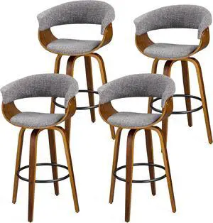 Glitzhome 4 Set Swivel Bar Stool, 29.5" H Bar Height Mid Century Modern Grey Fabric Wooden Bar Chair with Back Support