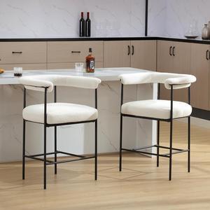 HEAH-YO Modern Sherpa Bar Stools Set of 2, 26 Inches Counter Stools with Back Boucle Upholstered Barrel Barstools with Metal Legs Bar Chairs for Kitchen Island Dining Room Living Room, White