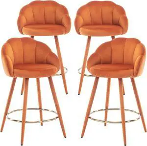 Velvet Counter Stools Set of 4 Modern 25.5" Counter Height Barstool with Petal Back & Gold Metal Ring Footrest Comfy Upholstered Bar Chairs for Home Bar/Kitchen Island/Restaurant, Orange