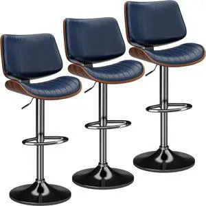 Swivel Bar Stools Set of 3, Adjustable Bentwood Barstools for Kitchen Counter, Modern PU Leather Upholstered Bar Chair with Back and Footrest, for Kitchen Island, Bar, Dining Room, Navy