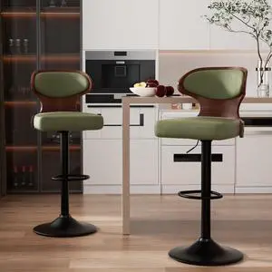 Bar Stools Set of 2 Seat Adjustable Height 24.5-33.5IN - Bentwood Swivel Barstools with Back & Footrest - PU Leather Upholstered Bar Chair for Bar, Kitchen, Dining Room