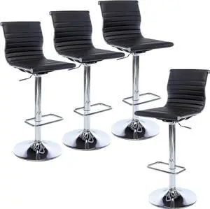 Metal Bar Stools Chairs Set of 4 Height Adjustable Barstools Modern Black PU Leather Armless Counter Stool with Chrome Base for Kitchen Island/Bar/Dining Room - Black, 4PCS