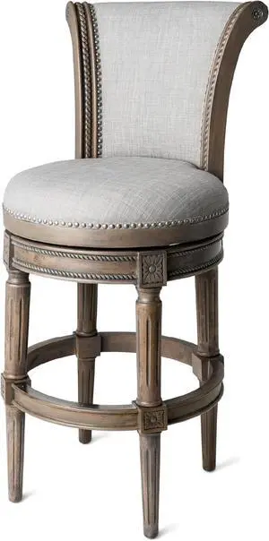 Maven Lane Pullman 31 Inch Tall Bar Height Upholstered Barstool with Back in Reclaimed Oak Finish with Ash Grey Fabric Cushion Seat