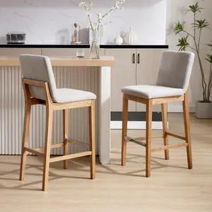 Kmax 30 Inch Bar Stools Set of 2, Farmhouse Upholstered Bar Stools with Back Support Rustic Wooden White Armless Barstools for Bar Club Pub - Linen, Grey