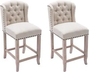 HEAH-YO Modern Couonter Stools Set of 2, 26 Inches Counter Height Bar Stools with Backrests and Wood Legs, Upholstered Linen Fabric Kitchen Stool for Island, Beige