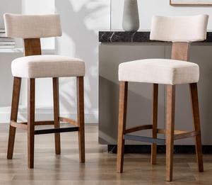 VESCASA Bar Height Barstools with Natural Wood Legs, 30" H Linen Modern Upholstered Bar Stool Chairs with Back Footrests for Bar, Pub, Set of 2, Beige