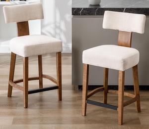 VESCASA Counter Height Barstools with Natural Wood Legs, 27" H Linen Modern Upholstered Counter Stool Chairs with Back Footrests for Kitchen Island, Bar, Pub, Set of 2, Beige