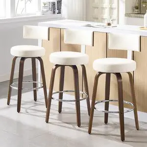 Swivel Bar Height Bar Stools Set of 3, Faux Leather Kitchen Stools Upholstered Barstools with Back, Walnut Wood Legs, Tall Bar Stools for Kitchen Island, 29 inch Seat Height, White