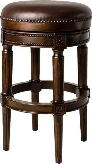 Maven Lane Pullman 31 Inch Tall Bar Height Upholstered Backless Barstool in Dark Walnut Finish with Vintage Brown Vegan Leather Cushion Seat