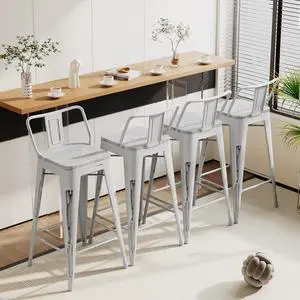 Alunaune 24" Industrial Metal Bar Stools Set of 4 Counter Height Barstools Kitchen Bar Chairs with Wooden Top-Low Back, Distressed White