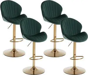Modern Swivel Bar Stools Set of 4 Velvet Adjustable Bar Height Barstools Shell Back Bar Chairs Counter Height Kitchen Island Stools for Dining Room/Home Bar/Pub,Gold Base,Green