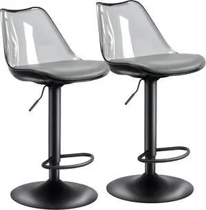 Modern Swivel Bar Stools Set of 2, Faux Leather Upholstered Counter Height Stools with Clear Acrylic Backrest, Adjustable Bar Stools for Kitchen Island (Gray-2, Set of 2)