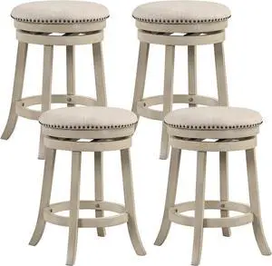 COSTWAY 360° Swivel Bar Stools Set of 4, 26.5-inch Height Upholstered Round Barstools with Wooden Frame, Seat and Footrest, Backless Solid Wood Counter Stools for Kitchen Island Bistro Pub, Beige