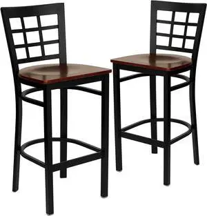 Flash Furniture 2 Pk. HERCULES Series Black Window Back Metal Restaurant Barstool - Mahogany Wood Seat
