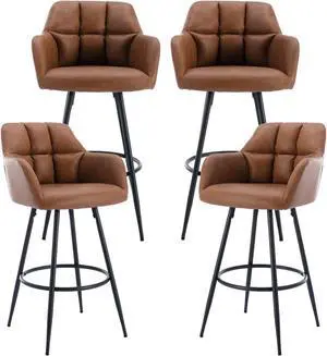 Leather Bar Stools Set of 4 Bar Height Stools with Backs Brown Bar Chair for Kitchen Island Modern Barstools with Black Metal Legs, 30 Inch Bar Stools
