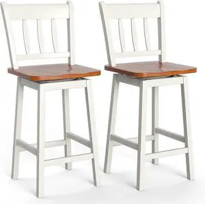 COSTWAY Bar Stools Set of 2, 24.5 Inch Rubber Wood Bar Chairs with 360°Swiveling, Footrest, Swivel Counter Height Barstools Ideal for Kitchen Island, Counter, Pub or Bar (2, White)