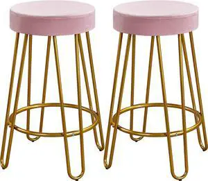 Yaheetech Bar Stools Set of 2, Velvet Round Counter Stools, Backless Counter Height Bar Chairs with Golden Legs for Kitchen Dining Room Pub Cafe, Pink