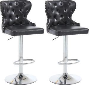 Set of 2 Adjustable Swivel Bar Stools,PU Leather Upholstered Counter Height Chairs with Nailhead Trim, Silver Footrest, and High Back for Kitchen Island, Home Bar, Dining Room, Cafe, Black