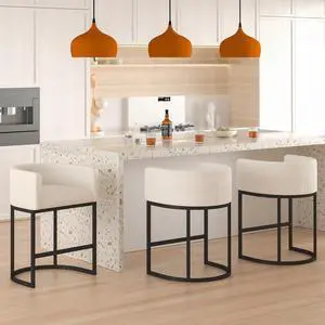 26" H Counter Height Bar Stools Set of 3, Modern Barrel Counter Stools with Backrest and Arms, Linen Fabric Upholstered Accent Barstools for Kitchen Island,Support 450 LBS (Beige)