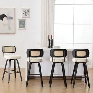 Swivel Bar Height Stools Set of 4, Upholstered Faux Leather Barstools with Rattan Back, 29" Seat Height Tall Bar Stools for Kitchen Counter, Black Wood Frame, Cream White