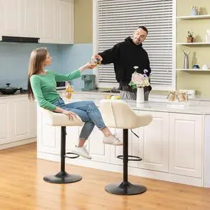 Glitzhome Mid Century Bar Stools Set of 2 Vintage Swivel Leather Adjustable Bar Chair with Backrest and Footrest, Modern Pub Kitchen Counter Height Barstools, Coconut Milk