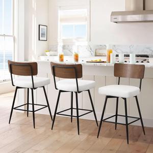 Counter Height Swivel Bar Stools Set of 3, Upholstered Faux Leather Barstools with Wood Backs and Metal Legs, 26" Seat Height Counter Bar Stool for Kitchen Island, White