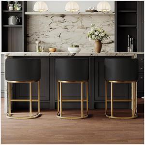 Modern Bar Stools Set of 3,26 Inch Upholstered PU Leather Counter Height Barstool with Tubular Frame,Black Leather Bar Stools,Island Chairs Cream (Black+Gold, 3-Pack)