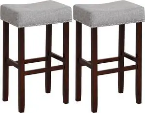 Giantex 29.5" Bar Height Bar Stools Set of 2 - Backless Saddle Barstools with Nailhead Linen Foam Seat, Max Load 330 Lbs Wood Bar Stools with Foot Rest for Kitchen Island, Grey