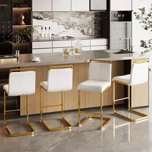 Bar Stools Set of 4,Gold Bar Stools with Back,25" White Island Chairs with Gold Chrome Plated Metal Leg,Faux Leather Counter Height Barstools for Pub Kitchen Counter