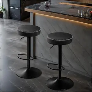 Swivel Bar Stools Set of 2 Black Microfiber Leather Counter Height Bar Stools with Round Seat Adjustable Backless Barstools Modern Tall Bar Chairs for Kitchen Island (24-33 Inch,330lbs)