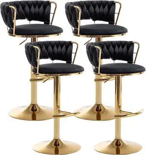Gold Bar Stools Set of 4, Counter Height Bar Stools with Low Back, Velvet Adjustable Barstools, 360° Swivel Bar Chairs for Kitchen Island, Pub (Black)