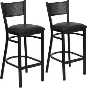 Flash Furniture 2 Pk. HERCULES Series Black Grid Back Metal Restaurant Barstool - Black Vinyl Seat