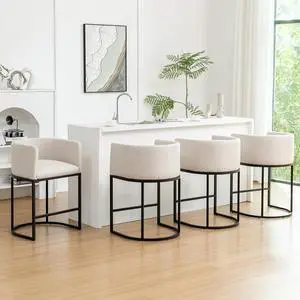 Counter Height Bar Stools Set of 4, 25" Modern Barstools with Backrest, Barrel Counter Stools with Metal Frames, Linen Fabric Upholstered Bar Stools for Kitchen Island, Bar (Beige)