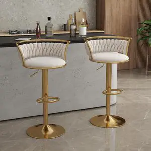 UIXE 360° Swivel Bar Stools Set of 2, Modern Adjustable Counter Height Velvet Bar Chair Gold Metal Stool, Comfortable Kitchen Island Dining Chairs with Woven Back & Footrest for Cafe Pub (Ivory)