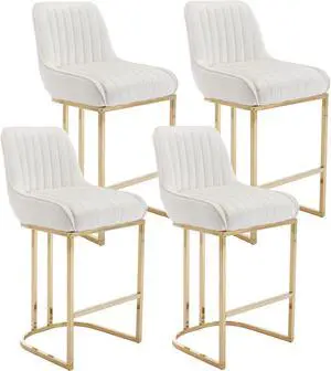 Modern Counter Height Bar Stools Set of 4, Kitchen Bar Stools with Gold Legs Velvet Barstools Upholstered Counter Stools 26'' Bar Chairs with Back for Kitchen Island Home Bar Pub, Beige(White)