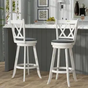 29" Bar Height Swivel Stools - High Back Swivel Barstools with Upholstered Seat & Solid Wood Footrest, Counter Bar Chairs for Kitchen Island & Pub (Antique White, Set of 2)