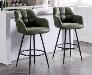 EALSON Modern Bar Stools Set of 2 Bar Height Barstools with Back and Arms High Bar Chairs with Metal Footrest Leather Upholstered Island Chairs for Kitchen Counter/Home Bar/Dining Room, Green