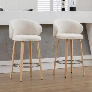 HEAH-YO Modern Counter Stools Set of 2, 26 Inches Counter Height Bar Stools with Barrel Backrest and Wood Legs, Upholstered Lambwool Fabric Kitchen Stools for Island, White