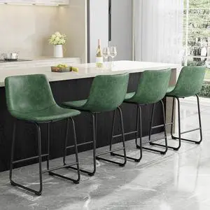 Bar Stools Set of 4, 26inch PU Leather Counter Height Bar Stools, Modern Barstools with Metal Legs and Footrest, Urban Armless Dining Chairs with Backrest for Kitchen Island (Green)