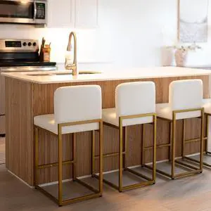 MAISON ARTS Faux Leather Bar Stools Set of 3, 24 Inch Counter Height Barstools with Back, Gold Metal Frame, Footrest, Modern Upholstered Bar Chairs for Kitchen Island & Home Bar, Off White