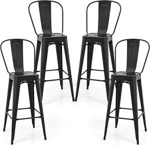 COSTWAY 30'' Metal Bar stools Set of 4, with Removable Back,Bar Height Stools with Rubber Feet, Stylish and Modern Chairs, for Kitchen, Dining Rooms, and Side Bar (Black-Update, 30'')