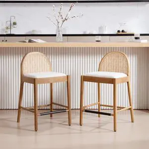Mid-Century Bar Stools Set of 2, 26 Inch Rattan Back Linen Counter Height Barstools Comfy Upholstered Bar Chairs with Wooden Legs for Kitchen Dining Room, Beige
